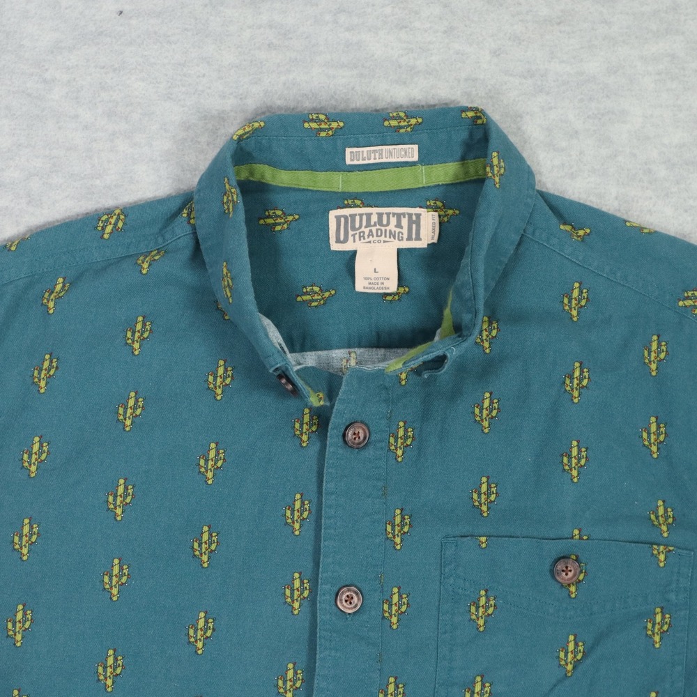 Duluth Trading Co Long Sleeve Button Up Shirt Cactus Print Teal Green Mens L - Picture 3 of 5